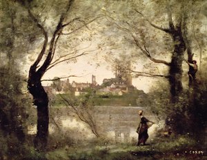 Vista da cidade e da Catedral de Mantes através das árvores, à noite de Jean Baptiste Camille Corot